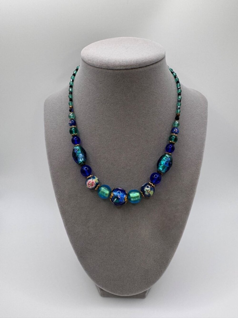 Lampwork Glass Necklace Blue Green Beads Artisan 17in Wedding Cake